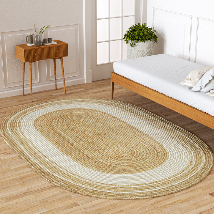 4modernhome Jute Hand Braided Zigzag Stitch Natural Fibers Farmhouse Style Area Rug For Dining Room Living Room Kitchen, Off White/Natural #DT23-5