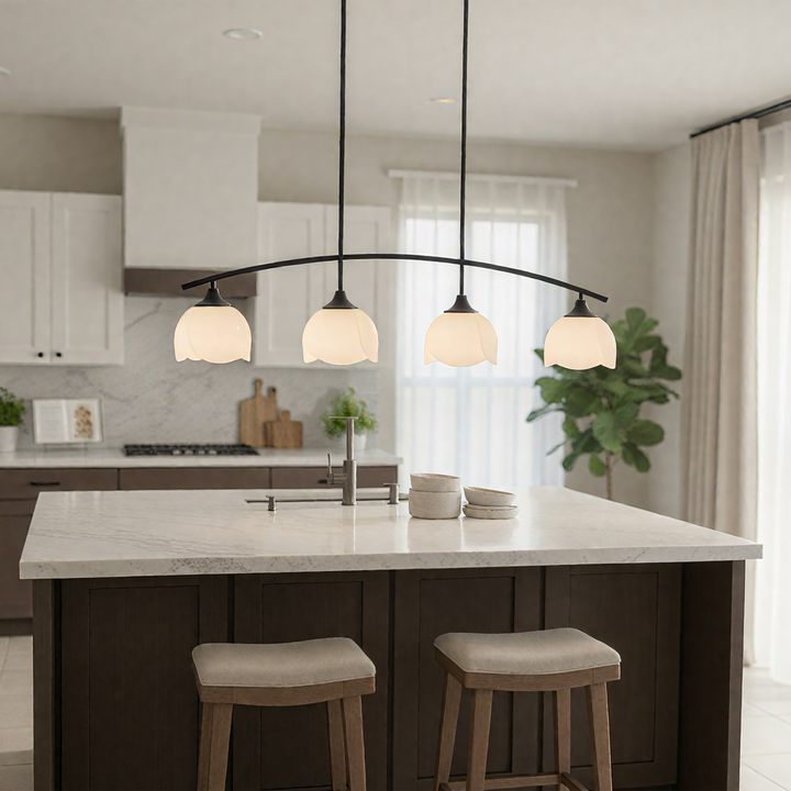 Twilight 4-Light 36"W Black/Brass Modern Linear Pendant Chandelier With Flower Frosted Glass Shades For Dining Room Or Kitchen Island #P39015