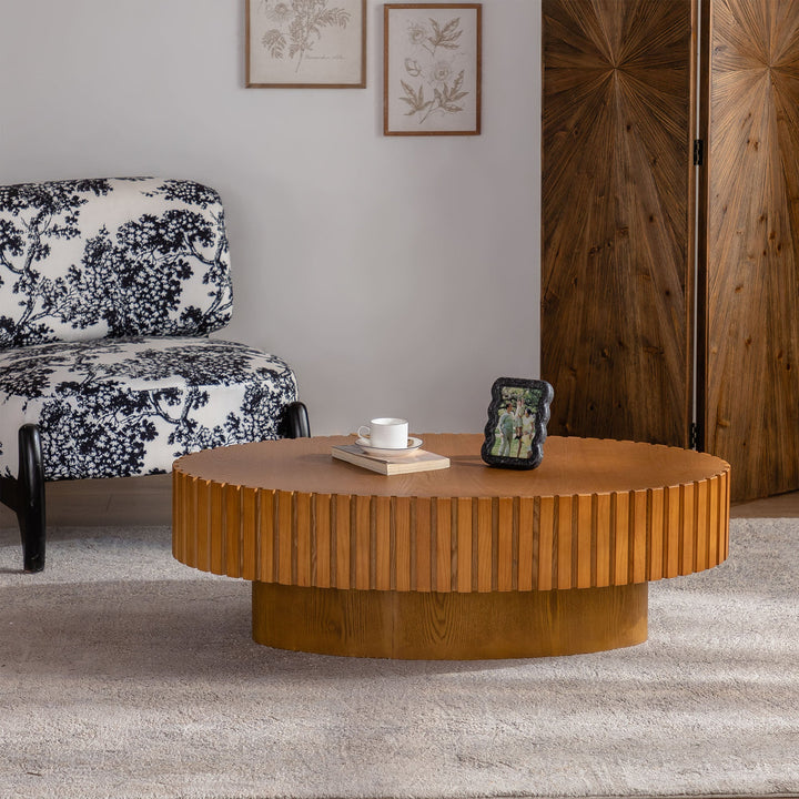 Timeless Round Coffee Table Handcrafted Relief Wooden Olive-Shaped Tea Table For Living Room #25013