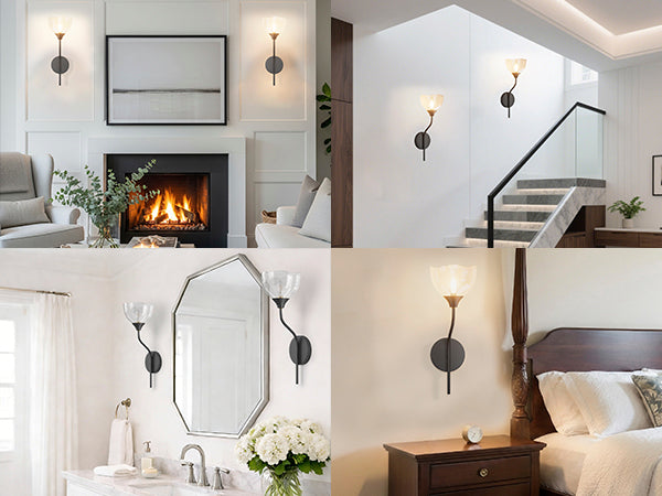 Shine Black and Gold ETL Dimmable Wall Sconces with Petal Shaped Glass Shade #48007