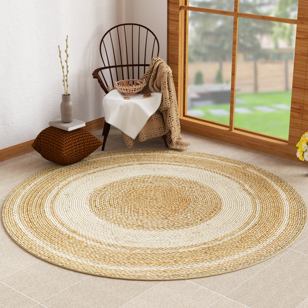 4modernhome Jute Hand Braided Zigzag Stitch Natural Fibers Farmhouse Style Area Rug For Dining Room Living Room Kitchen, Off White/Natural #DT23-8