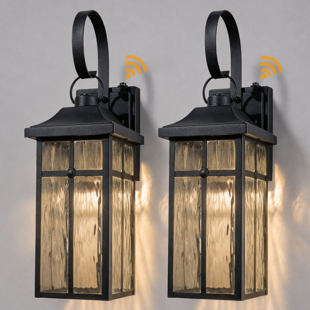 19" 1-Light Farmhouse Outdoor Wall Lantern, Dusk to Dawn &amp; 3CCT Selectable, Waterproof Black Frame with Water Ripple Glass 