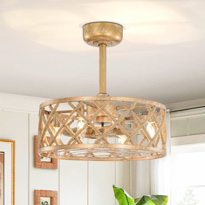 Maxax 19" Boho Caged Low Profile Ceiling Fan with Light and Remote, Stepless Color Temperature & 6 Speeds, Farmhouse Flush Mount Fan for Bedroom, Kitchen, Living Room, Kids Room #26001