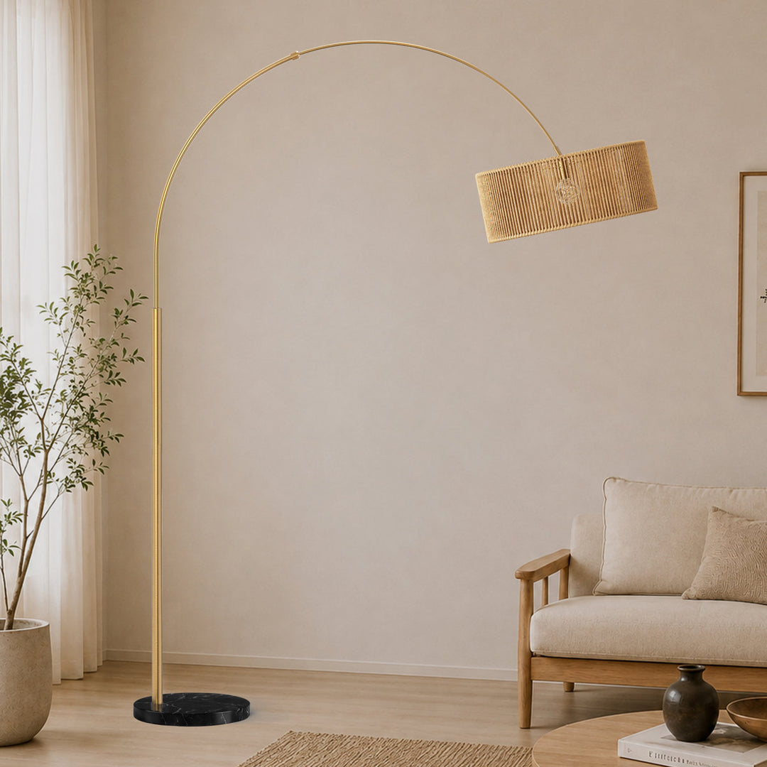 80" Natural Rattan Arc Floor Lamp with Marble Base for Living Room & Bedroom #FGT02