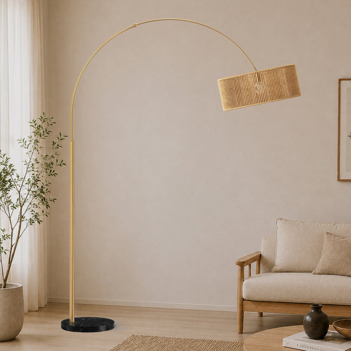 80" Natural Rattan Arc Floor Lamp with Marble Base for Living Room & Bedroom #FGT02
