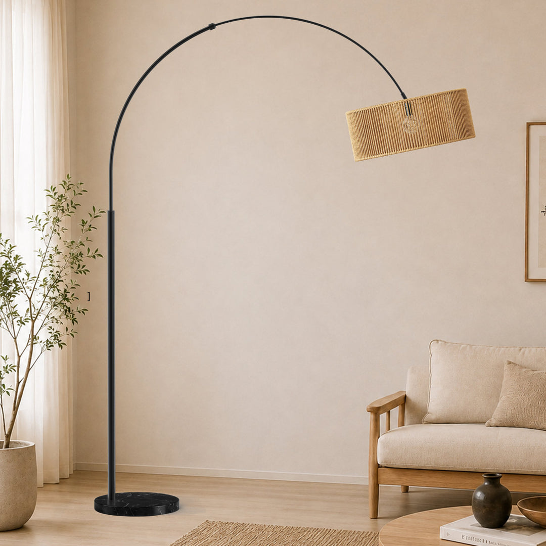 80" Natural Rattan Arc Floor Lamp with Marble Base for Living Room & Bedroom #FGT02