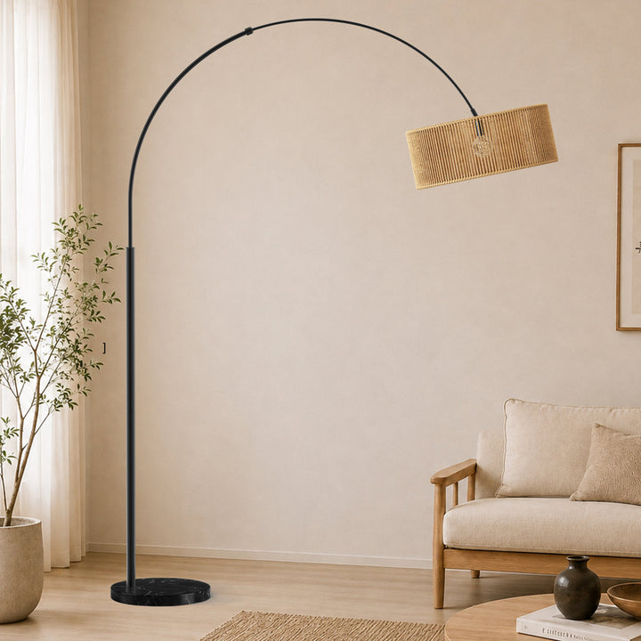 80" Natural Rattan Arc Floor Lamp with Marble Base for Living Room & Bedroom #FGT02