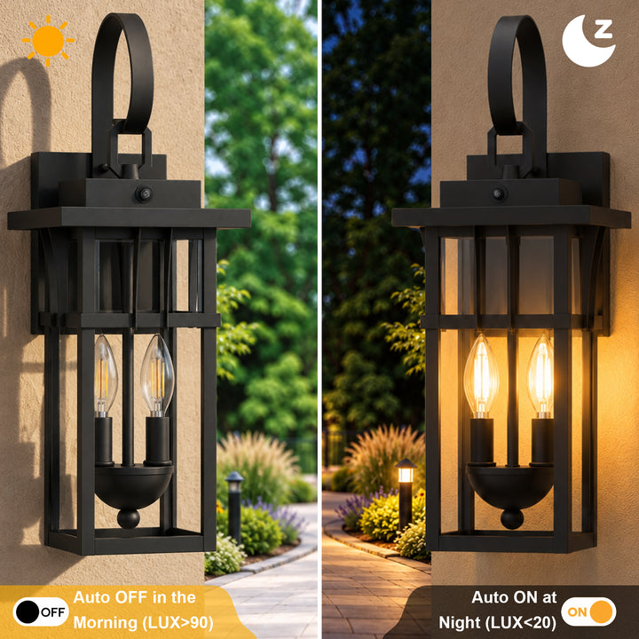 19.7" 2-Light Farmhouse Outdoor Wall Sconce with Dusk to Dawn Photocell, Weatherproof Matte Black Frame &amp; Clear Tempered Glass 