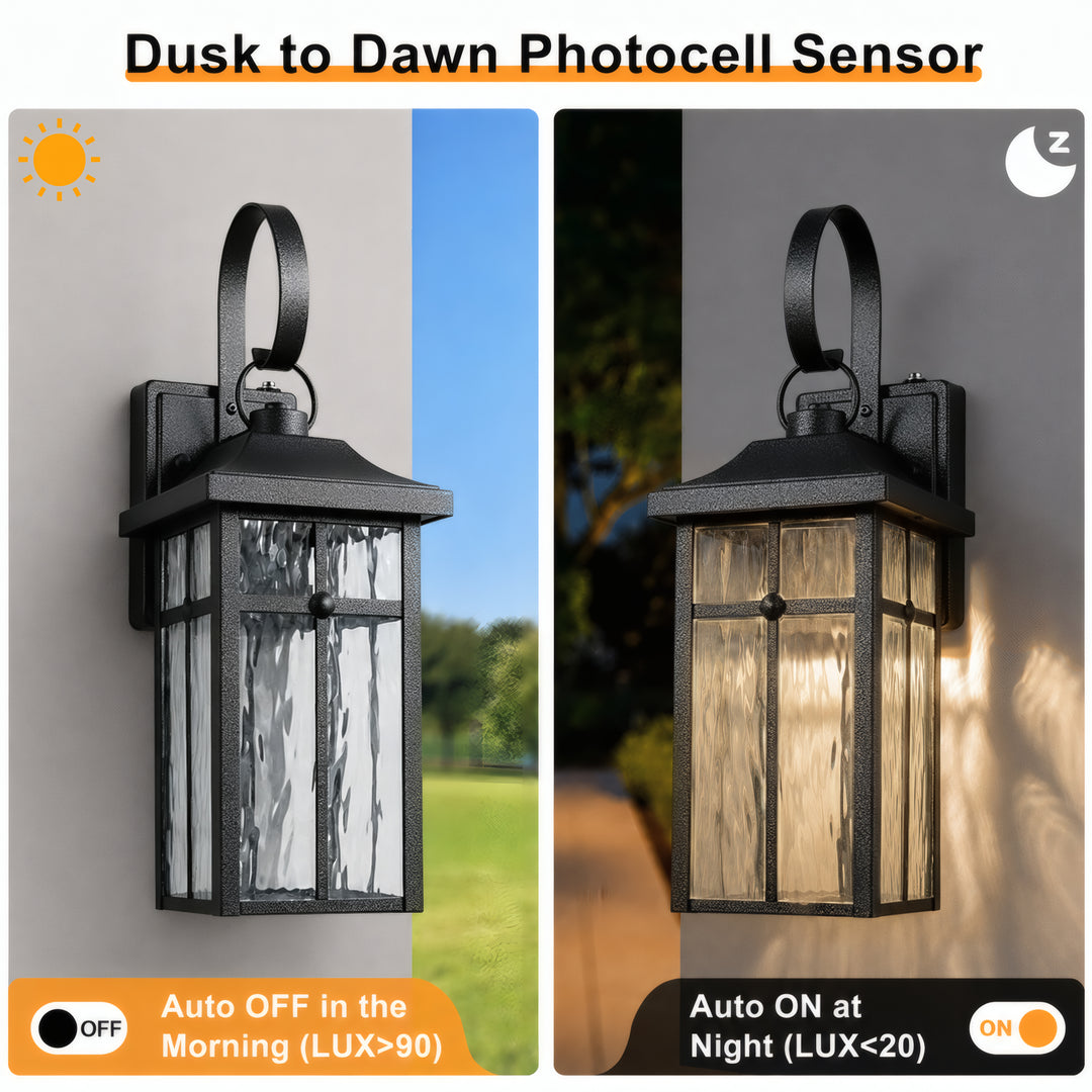 19" 1-Light Farmhouse Outdoor Wall Lantern, Dusk to Dawn &amp; 3CCT Selectable, Waterproof Black Frame with Water Ripple Glass 