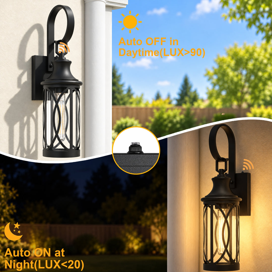 20" Farmhouse Outdoor Wall Sconces with Dusk-to-Dawn Sensor, Waterproof Matte Black Lanterns with Clear Glass, Set of 2 