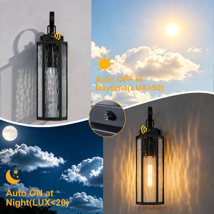 20" Farmhouse Outdoor Wall Sconce, Waterproof Dusk to Dawn Light with Matte Black Frame &amp; Water Ripple Glass 