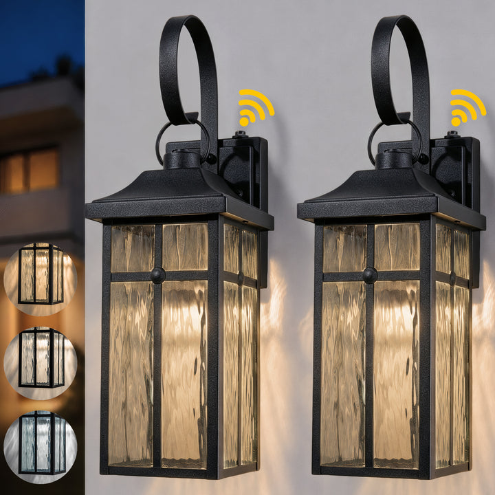 19" 1-Light Farmhouse Outdoor Wall Lantern, Dusk to Dawn &amp; 3CCT Selectable, Waterproof Black Frame with Water Ripple Glass 