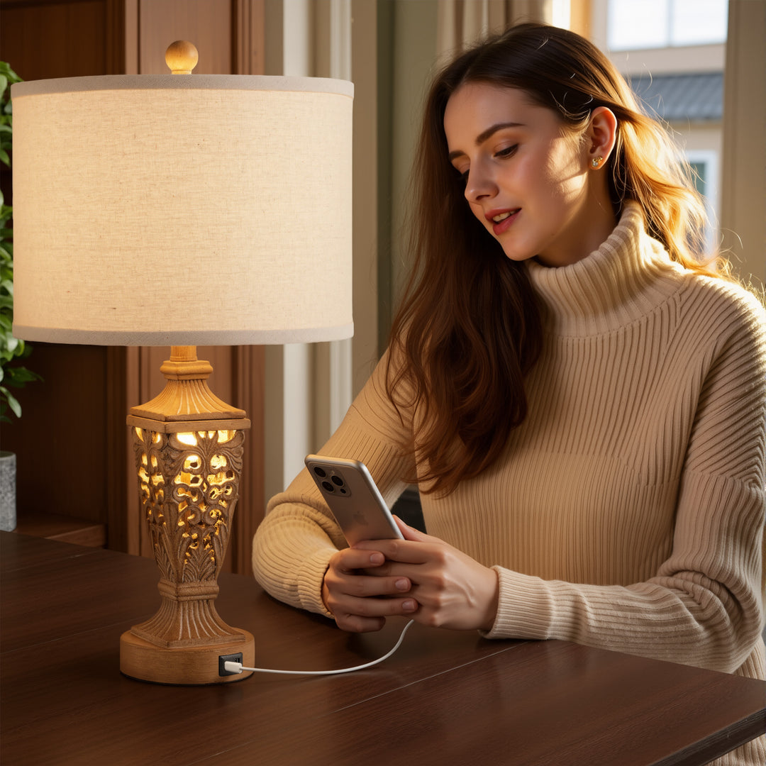 Farmhouse Carved Resin Table Lamp Set with Linen Drum Shades (Set of 2) #T278