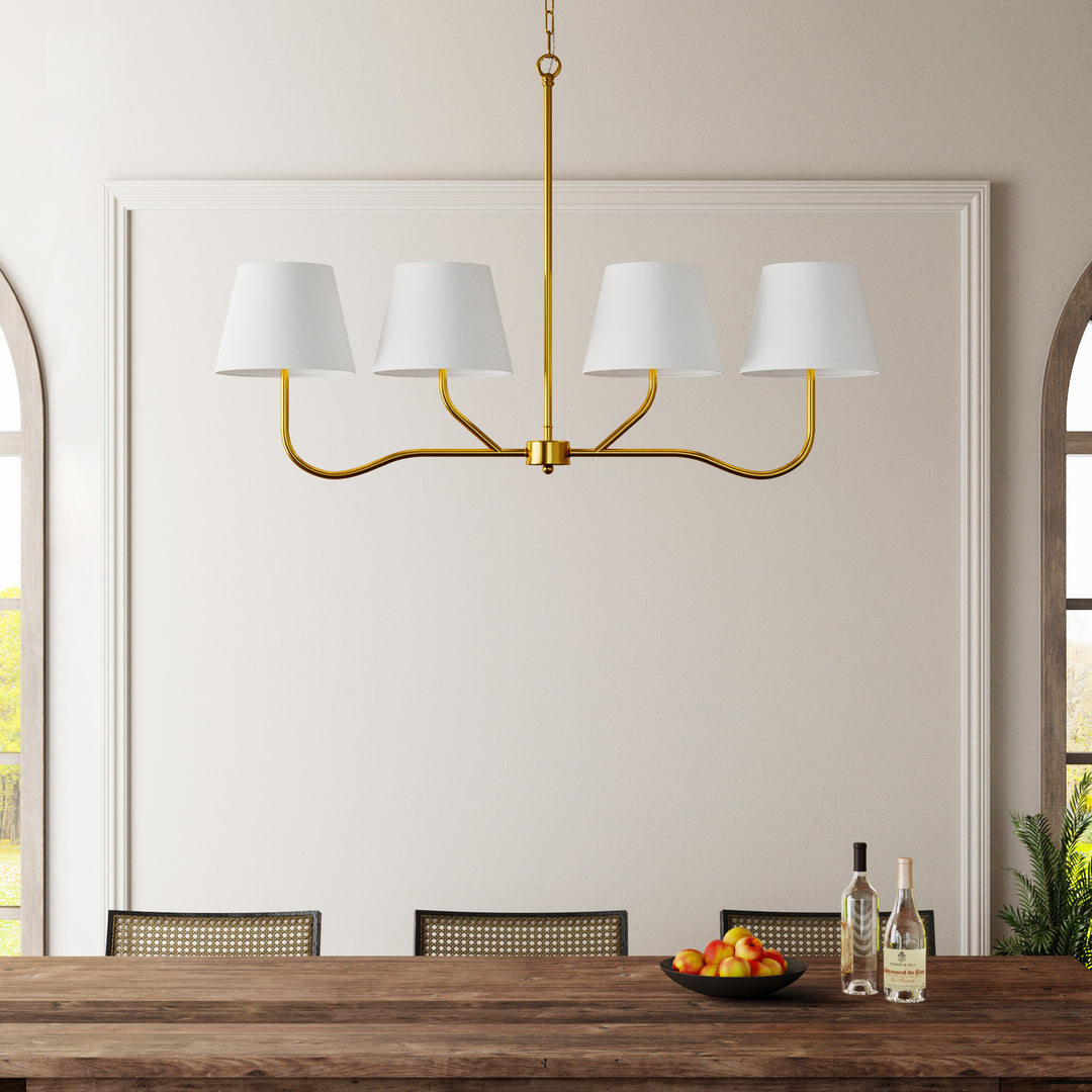 4-light Brass Finish Chandelier With White Linen Lampshades