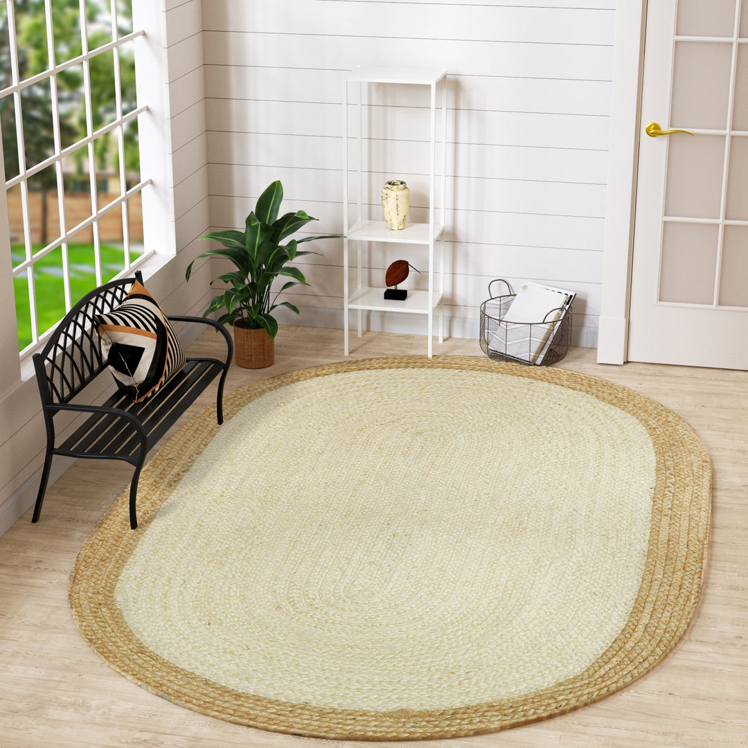 4modernhome Jute Hand Braided Zigzag Stitch Natural Fibers Farmhouse Style Area Rug For Dining Room Living Room Kitchen, Off White/Natural #DT23-6