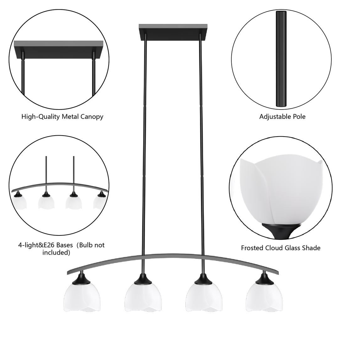 Twilight 4-Light 36"W Black/Brass Modern Linear Pendant Chandelier With Flower Frosted Glass Shades For Dining Room Or Kitchen Island #P39015