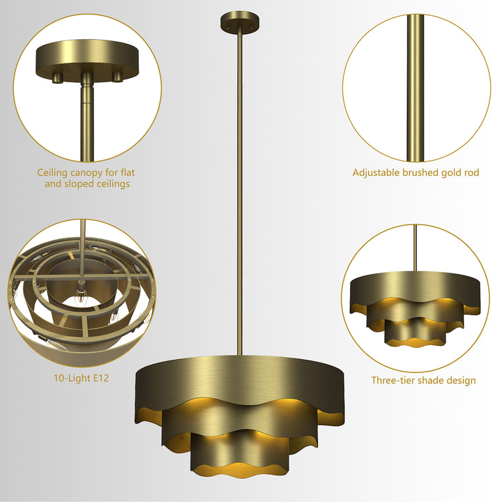 10 - Light 23.5" Electroplating Brass Tier Modern Drum Chandelier With Metal Shade #29022