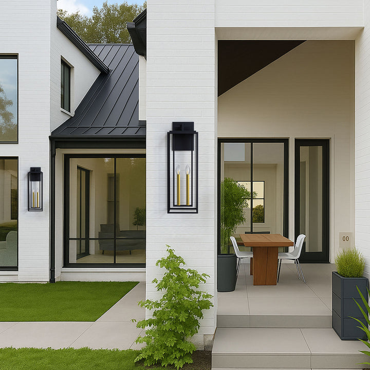 Harbor Black and Gold Base Outdoor Wall Light with Dusk to Dawn and Clear Tempered Glass #OW7102