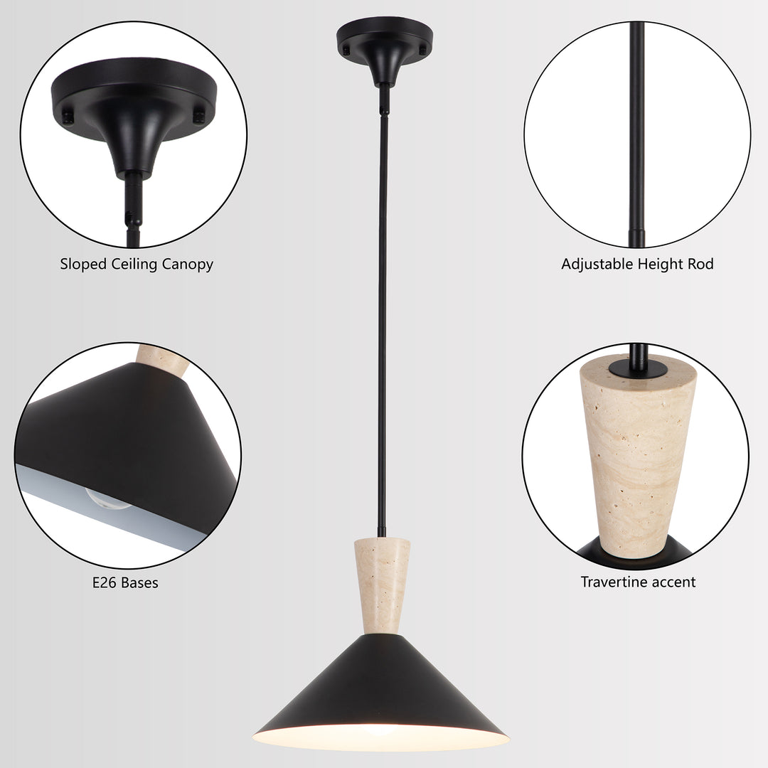 1-Light 13.8"W Black Metal Modern Cone Pendant With Marble Decoration For Kitchen Island Or Dining Room #19236