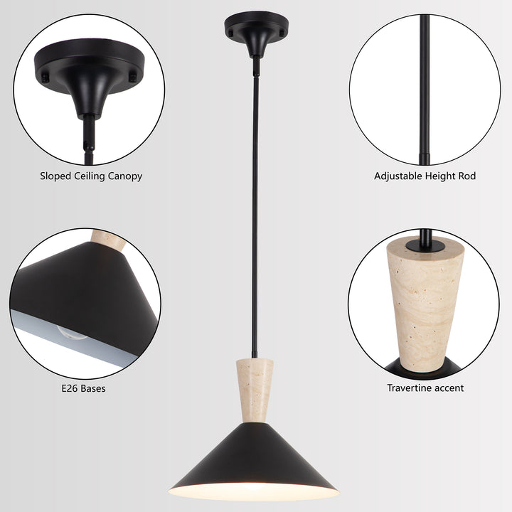 1-Light 13.8"W Black Metal Modern Cone Pendant With Marble Decoration For Kitchen Island Or Dining Room #19236