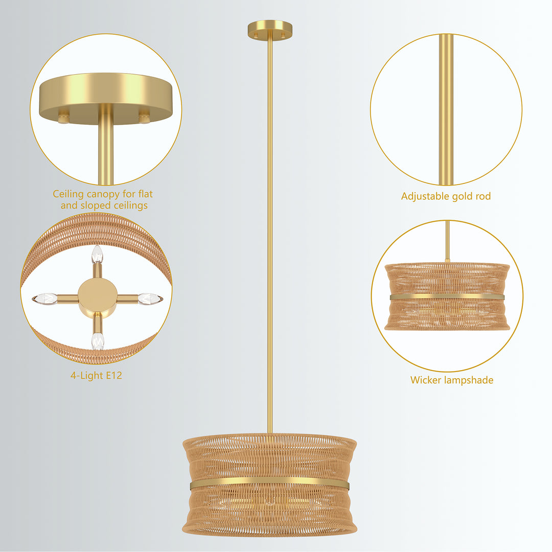 4-Light Rattan Shaded Drum Chandelier For Dinning Room #28026