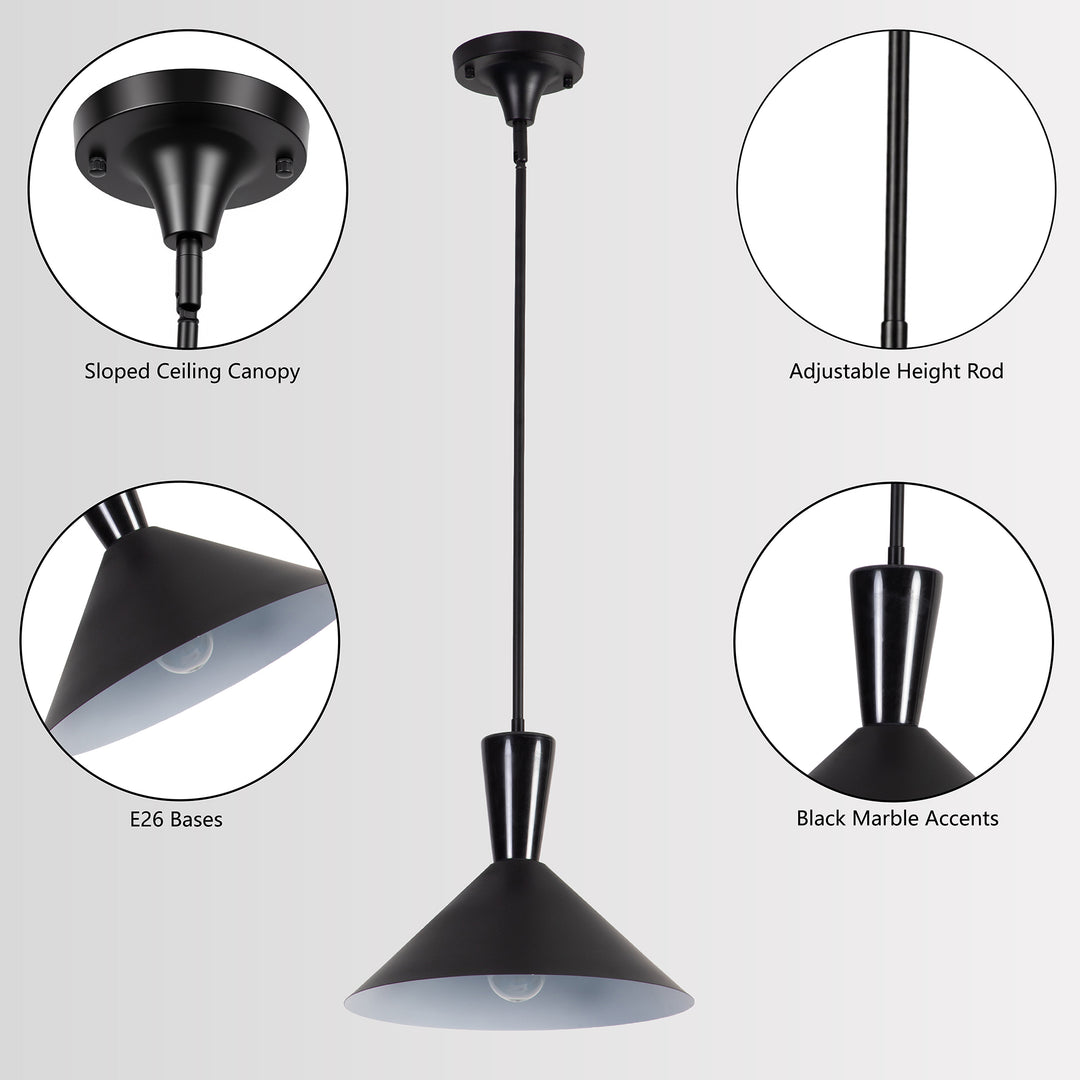 1-Light 13.8"W Black Metal Modern Cone Pendant With Marble Decoration For Kitchen Island Or Dining Room #19236