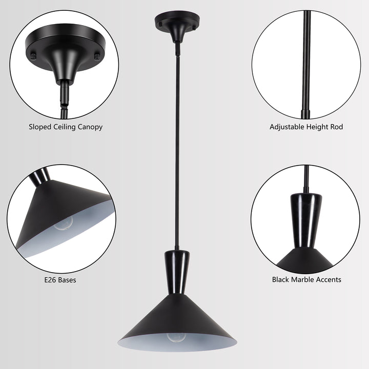 1-Light 13.8"W Black Metal Modern Cone Pendant With Marble Decoration For Kitchen Island Or Dining Room #19236