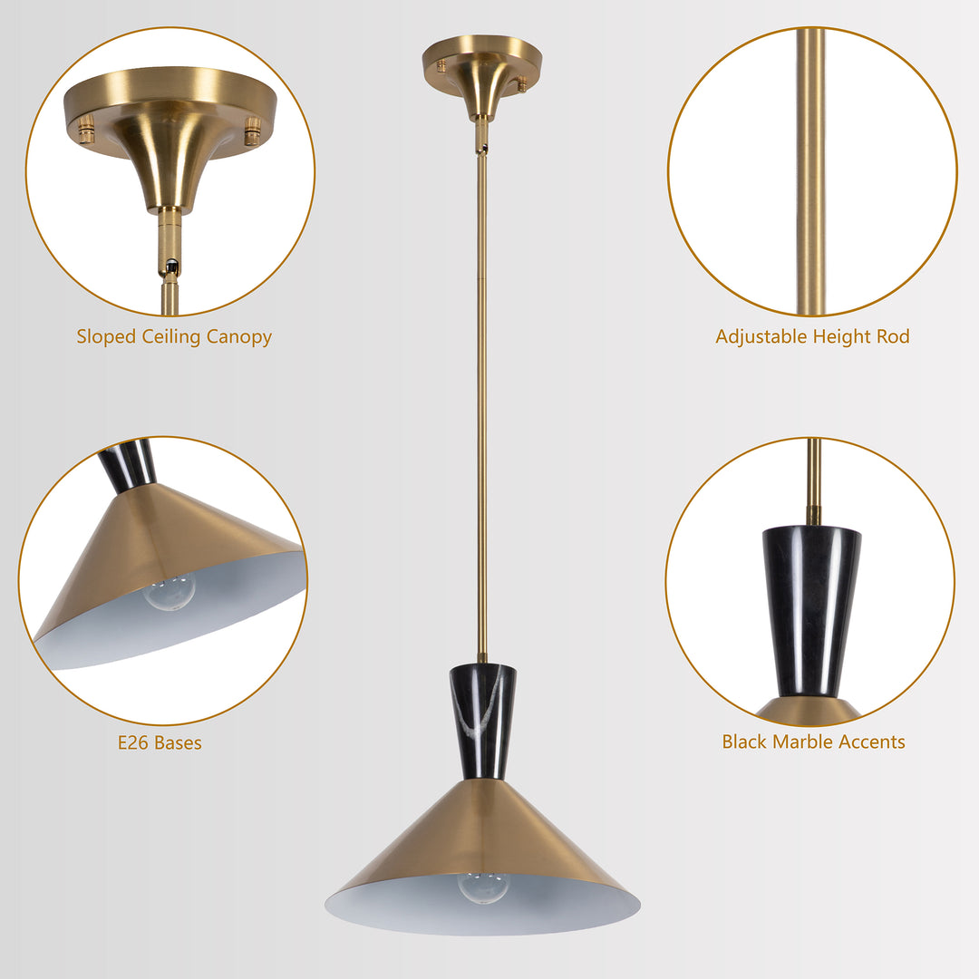 1-Light 13.8"W Black Metal Modern Cone Pendant With Marble Decoration For Kitchen Island Or Dining Room #19236