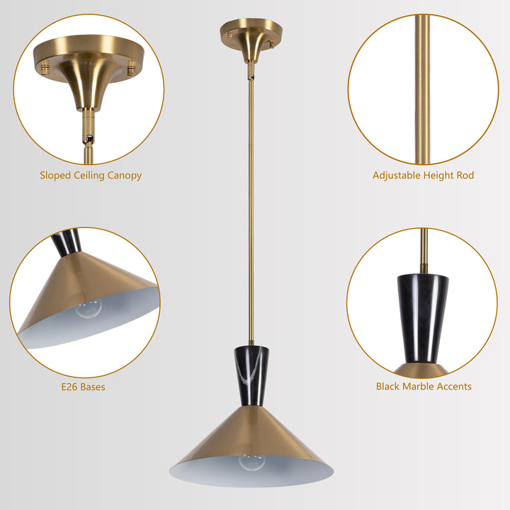 1-Light 13.8"W Black Metal Modern Cone Pendant With Marble Decoration For Kitchen Island Or Dining Room #19236