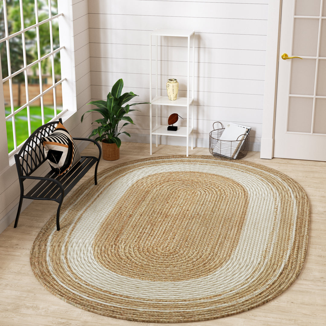 4modernhome Jute Hand Braided Zigzag Stitch Natural Fibers Farmhouse Style Area Rug For Dining Room Living Room Kitchen, Off White/Natural #DT23-5