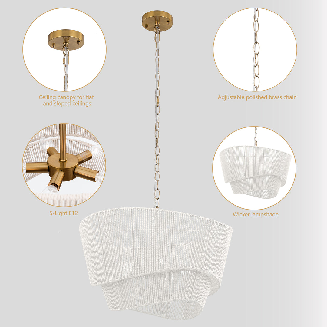 Solara 5-light Electroplated Brass Wood Ratten Paper Rope Chandelier For Living Room/bedroom #28010
