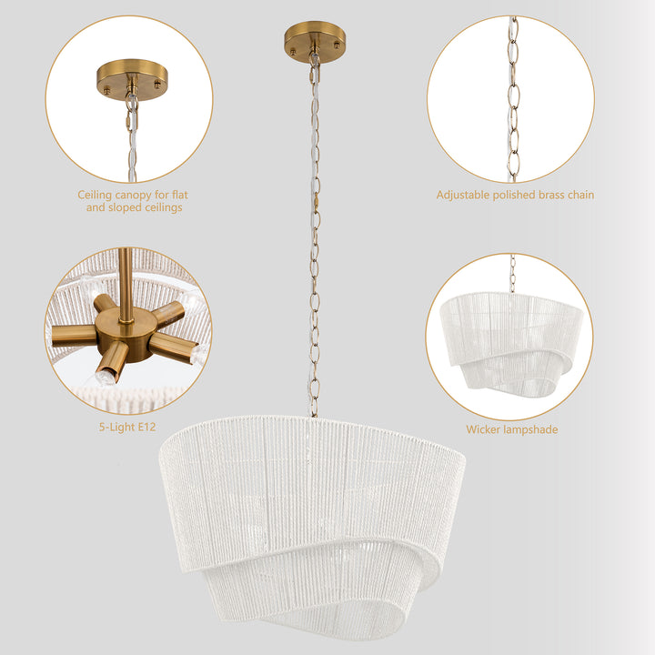 Solara 5-light Electroplated Brass Wood Ratten Paper Rope Chandelier For Living Room/bedroom #28010