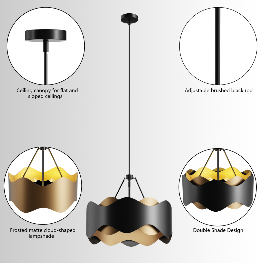 Glimmer 6-Light 24"W Black/Gold Modern Drum Chandelier With Iron Shade For Bedroom Or Living Room #MX21056