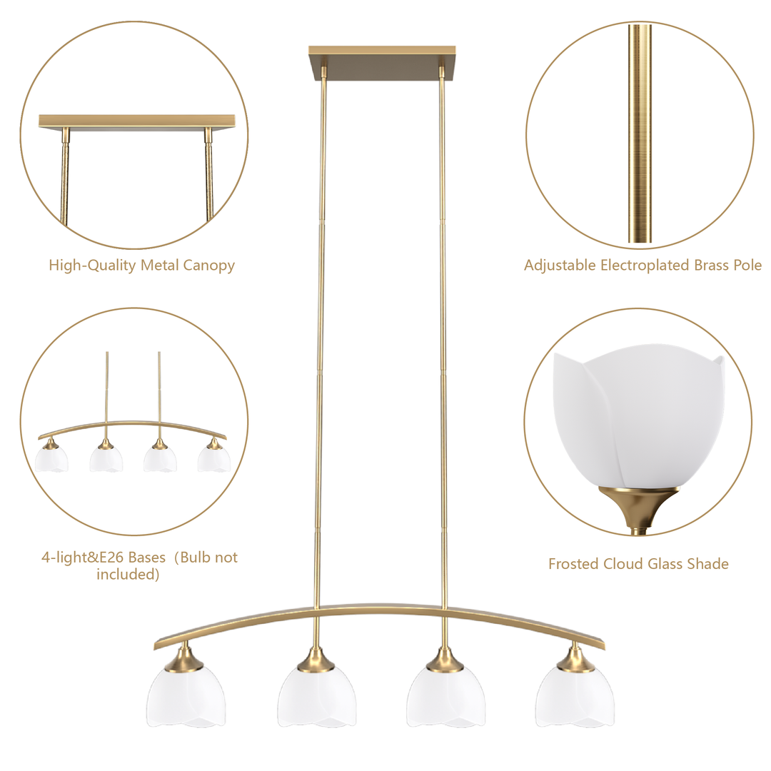 Twilight 4-Light 36"W Black/Brass Modern Linear Pendant Chandelier With Flower Frosted Glass Shades For Dining Room Or Kitchen Island #P39015