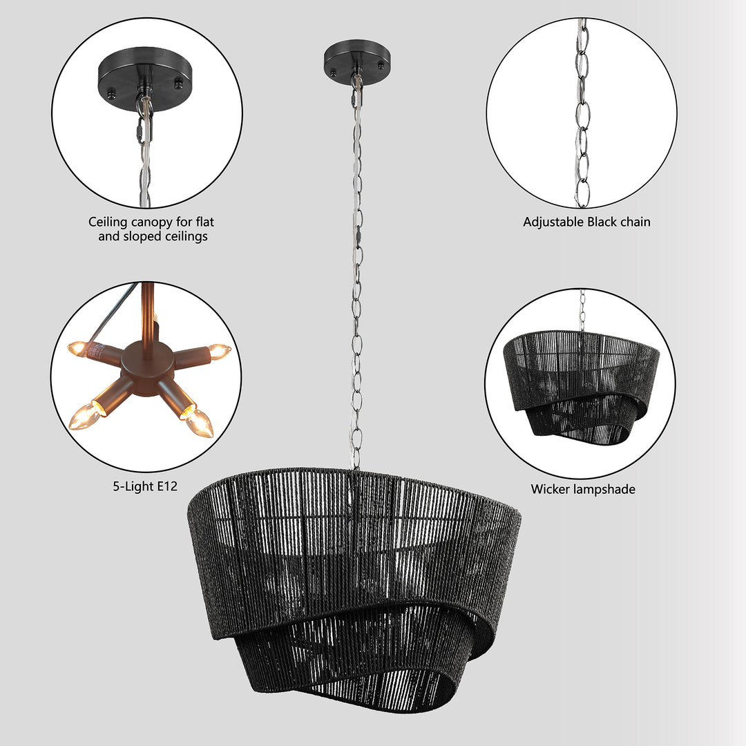 Solara 5-light Electroplated Brass Wood Ratten Paper Rope Chandelier For Living Room/bedroom #28010