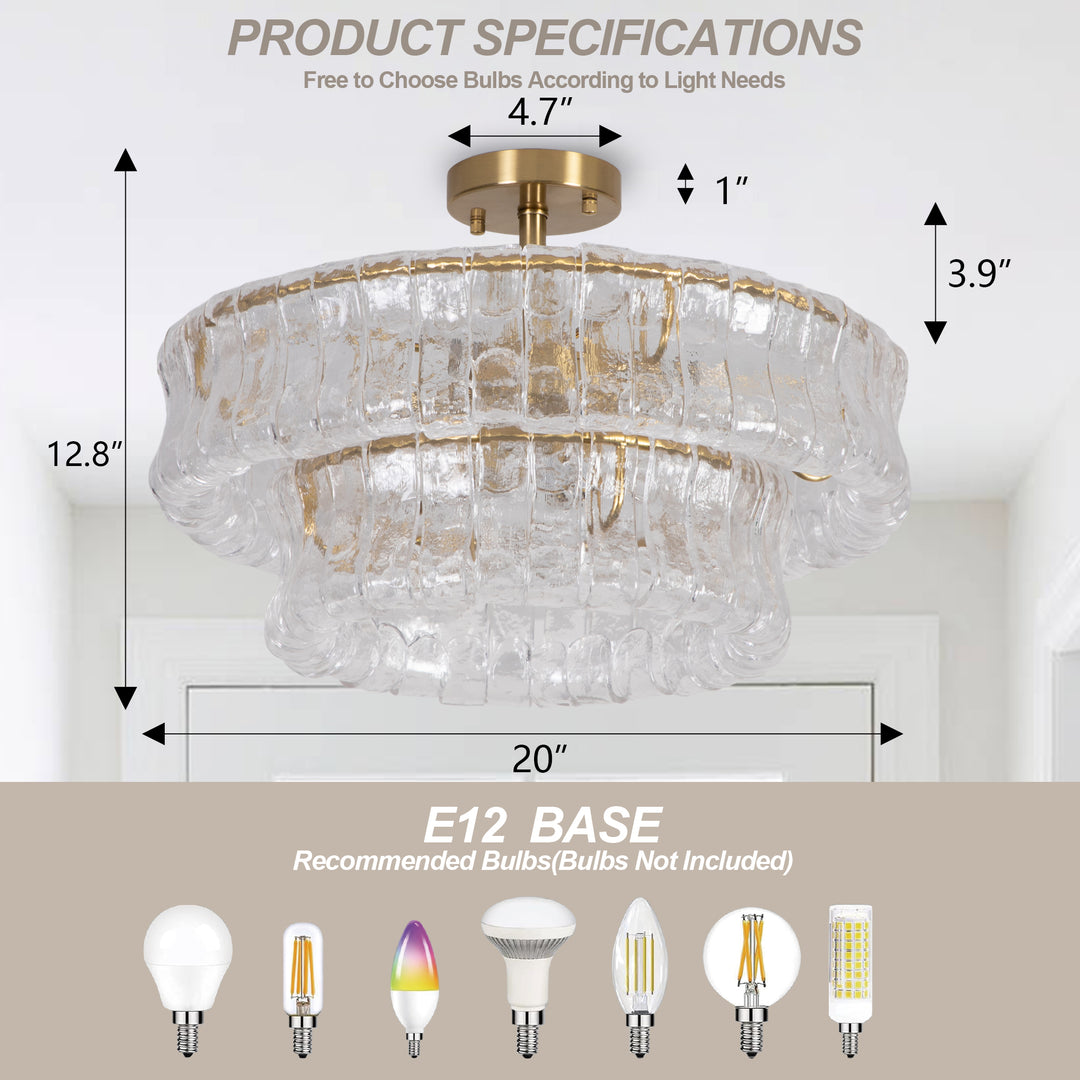 Lumen 20" 6-Light Brushed Brass Double-Layer Clear Artistic Glass Unique / Statement Semi-Flush Mount For Living Room/Bedroom #19235