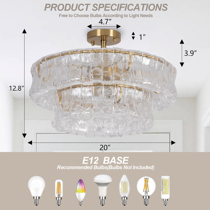 Lumen 20" 6-Light Brushed Brass Double-Layer Clear Artistic Glass Unique / Statement Semi-Flush Mount For Living Room/Bedroom #19235
