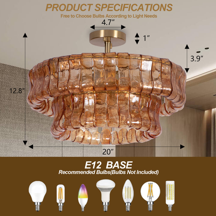 Lumen 20" 6-Light Brushed Brass Double-Layer Clear Artistic Glass Unique / Statement Semi-Flush Mount For Living Room/Bedroom #19235