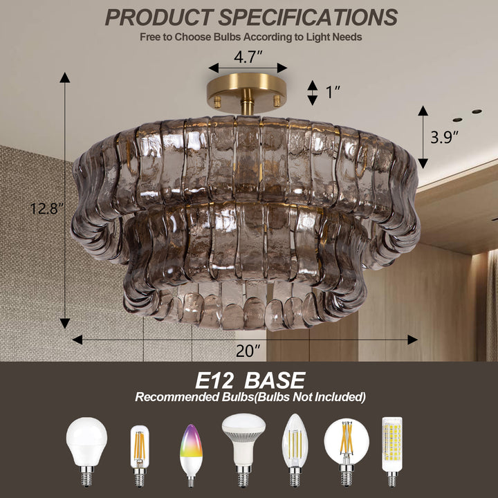 Lumen 20" 6-Light Brushed Brass Double-Layer Clear Artistic Glass Unique / Statement Semi-Flush Mount For Living Room/Bedroom #19235