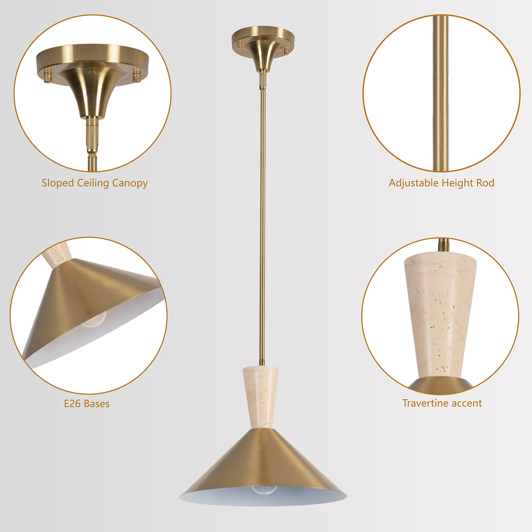 1-Light 13.8"W Black Metal Modern Cone Pendant With Marble Decoration For Kitchen Island Or Dining Room #19236