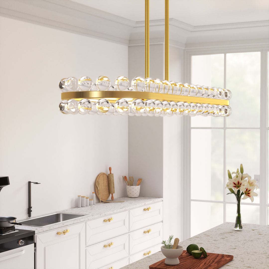 8-Light Brass Crystal Kitchen Island Linear Pendant