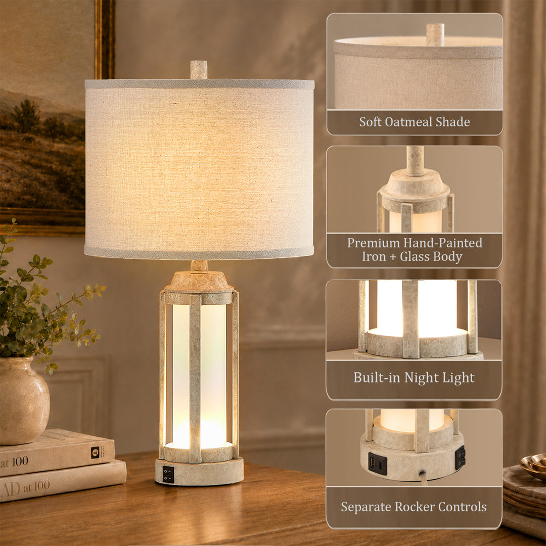24″ Modern Farmhouse Glass Table Lamps with Night Light & USB-C, Set of 2 #T291