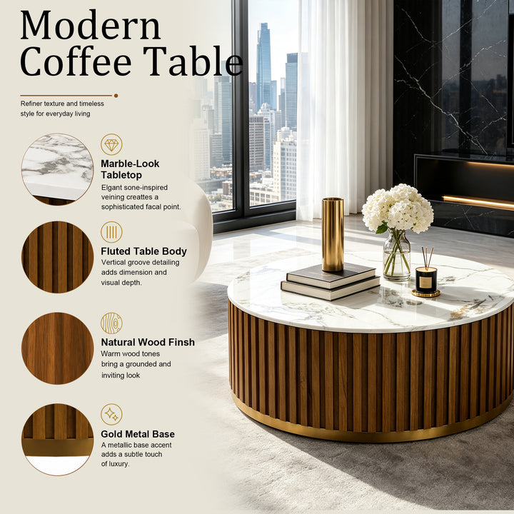 36" Solid Wood Round Drum Coffee Table with Sintered Stone Top #25049