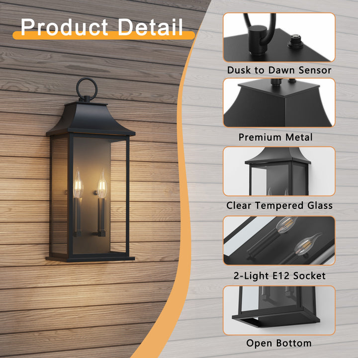 Lawyettle Black Outdoor Wall Light, 20.6-Inch Dusk to Dawn Sensor Exterior Lantern, Waterproof Porch Wall Sconce with 2-Light E12 Socket for Patio, Doorway, Garage #7076-2BK
