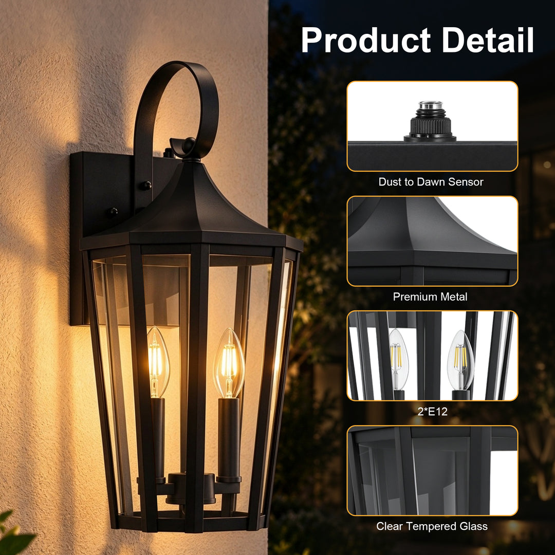 2-Light 19" Farmhouse Waterproof Outdoor Wall Lantern Sconce, Sand Grain Black Iron Frame &amp; Clear Tempered Glass, Hardwired Dusk to Dawn Photocell Exterior Front Porch Light