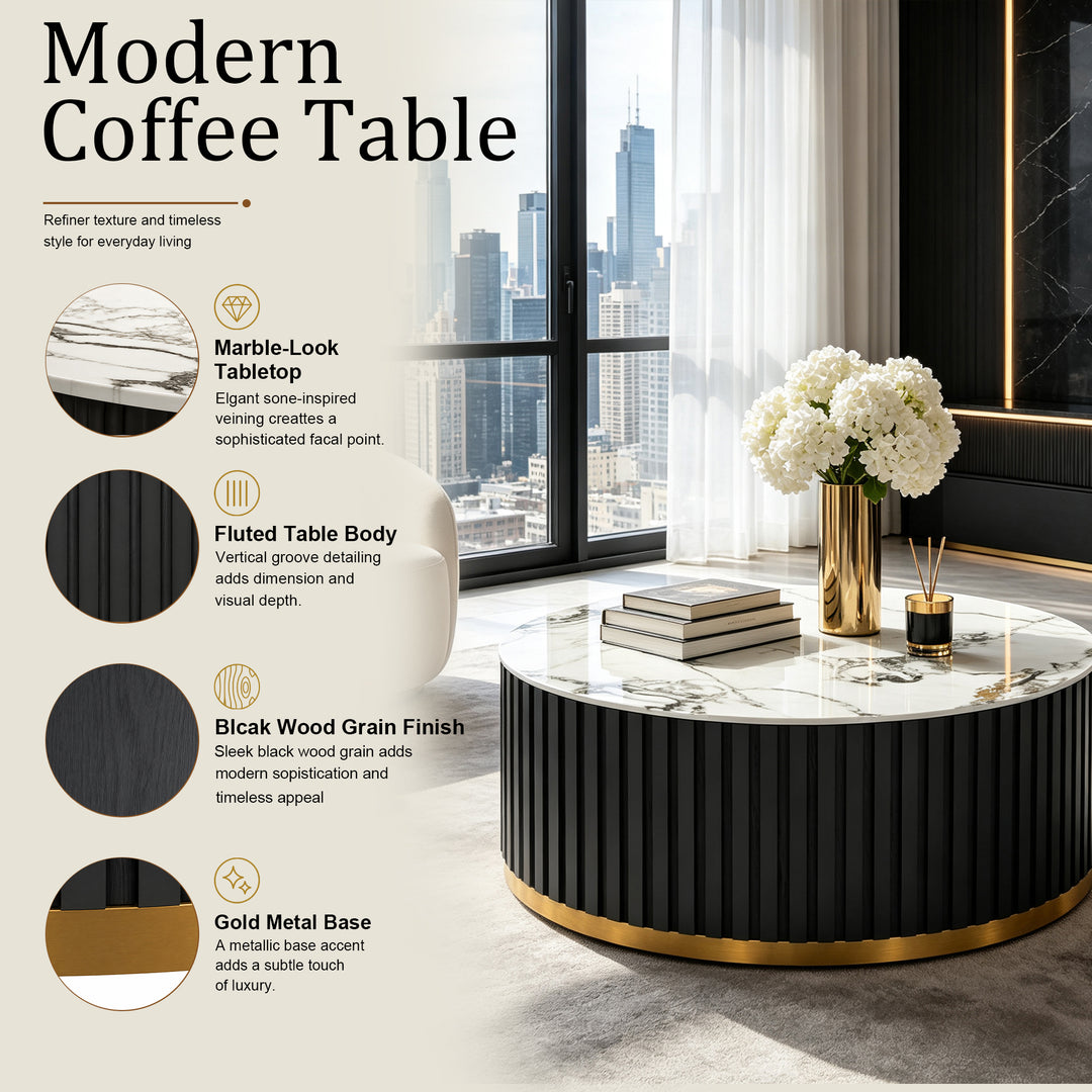 36" Solid Wood Round Drum Coffee Table with Sintered Stone Top #25049