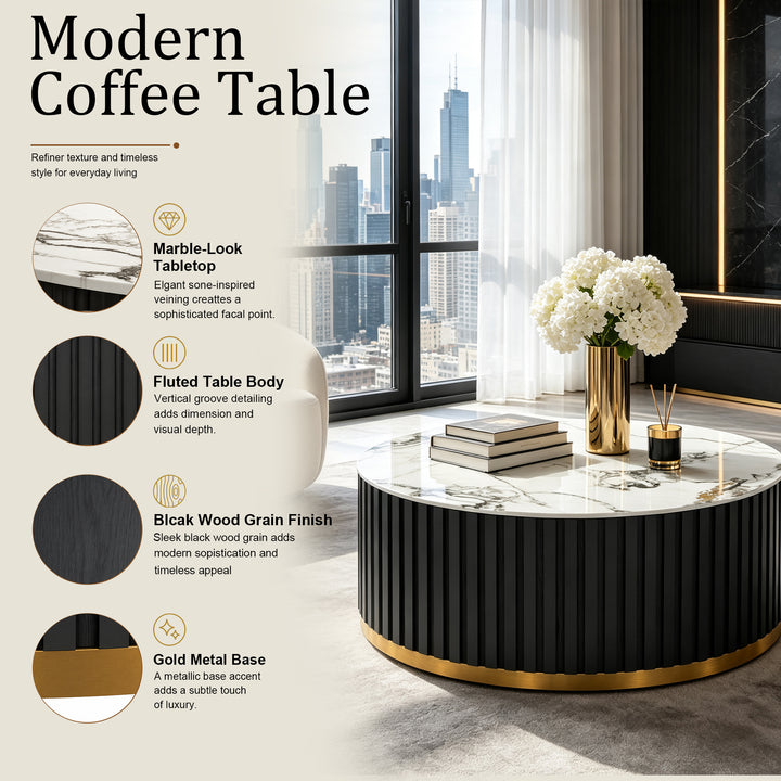 36" Solid Wood Round Drum Coffee Table with Sintered Stone Top #25049