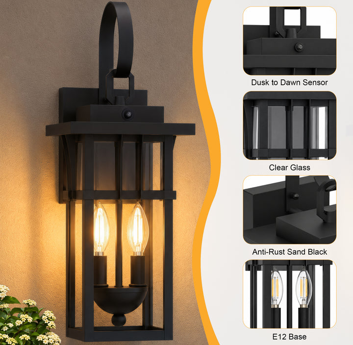 19.7" 2-Light Farmhouse Outdoor Wall Sconce with Dusk to Dawn Photocell, Weatherproof Matte Black Frame &amp; Clear Tempered Glass 