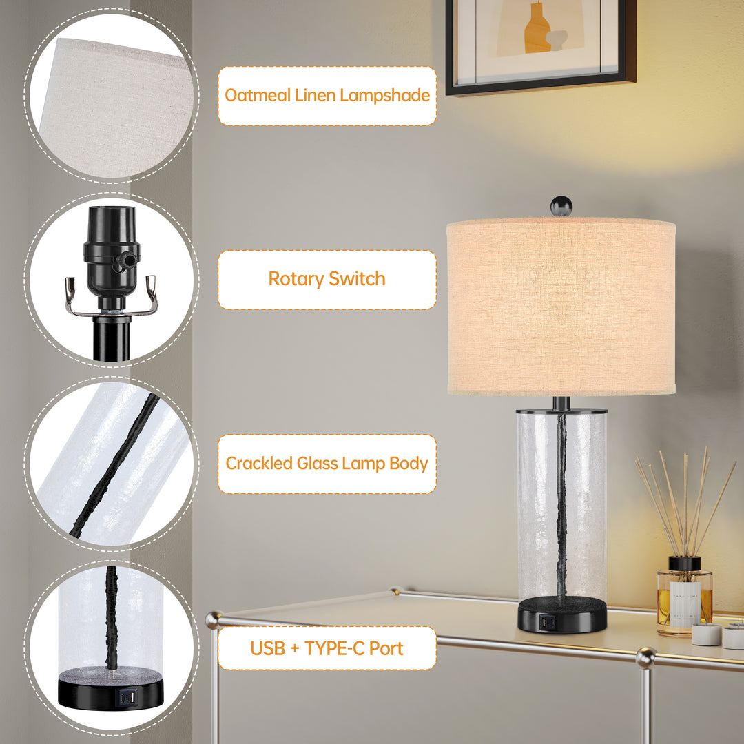 23.25" Modern Glam Glass And Metal Table Lamp With Usb For Living Room/bedroom (Set of 2) #T263