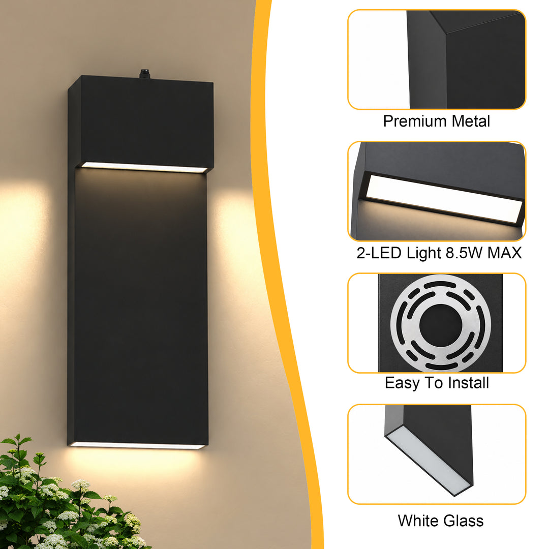 15.1" Modern LED Outdoor Wall Sconce, Dimmable 3000K, Dusk-to-Dawn Sensor, Travertine Stone &amp; Frosted Glass 